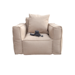 Coussin modulable de jardin beige pour fauteuils et canapés, tissu Olefin avec cœur gonflable et pompe incluse, décor extérieur.