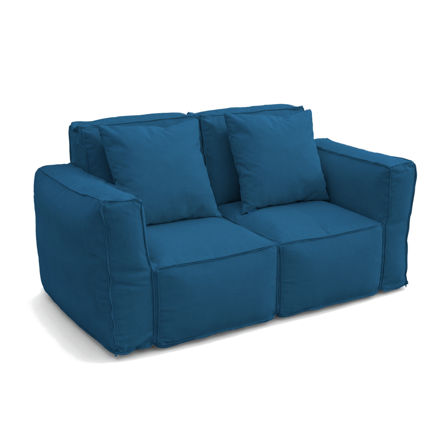 Dos sillones modulares Azul Petróleo unidos con cremallera en un sofá de 2 plazas