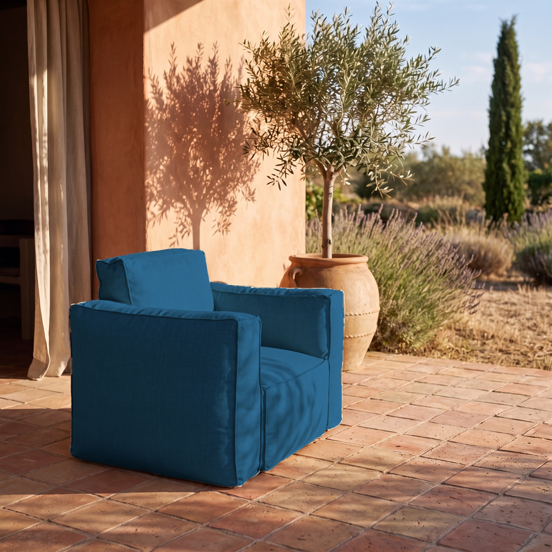Sillón Modular de Jardín 90x75 Azul Petróleo - Tejido Olefina & Núcleo Hinchable (Bomba Incluida)
