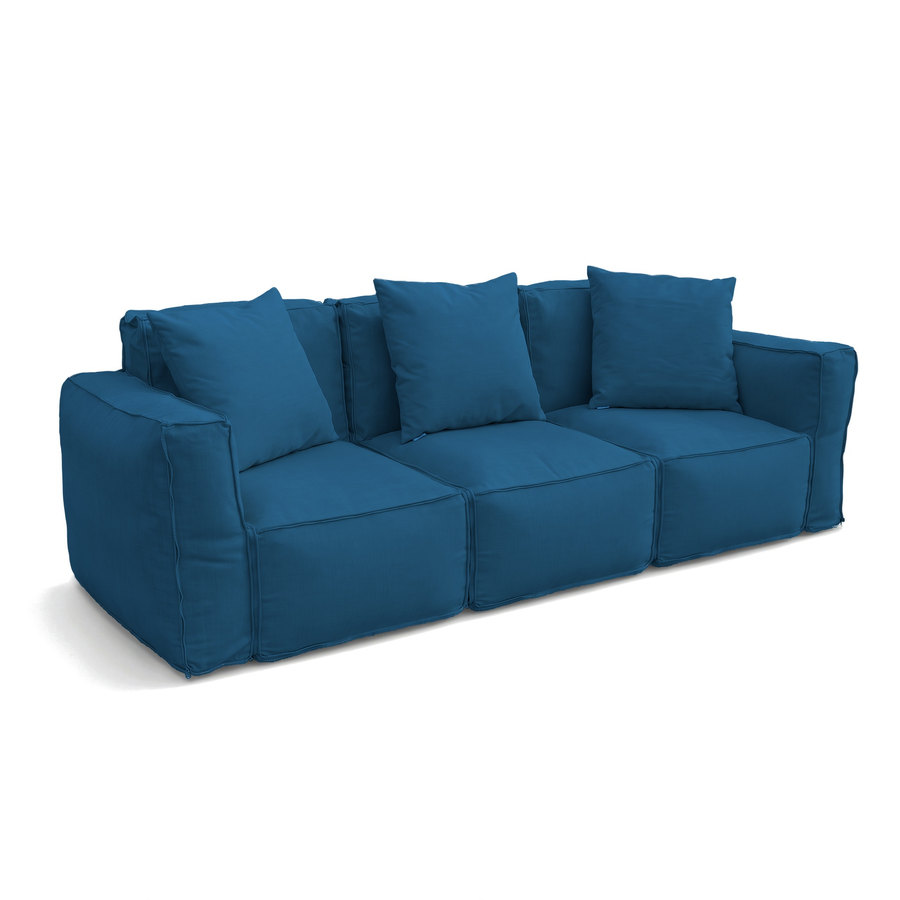 Tres sillones modulares Azul Petróleo unidos con cremallera en un sofá de 3 plazas