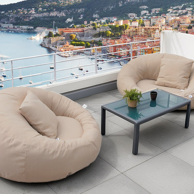 Pouf extérieur flottant pour piscine, fauteuil XXL beige en tissu Olefin avec pompe intégrée, conçu par Deco-arts.fr