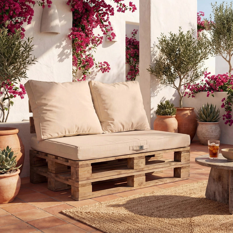 Kit de Cojines para Palé con Funda Extraíble 120x80 Beige Clair - Impermeable & Extérieur (1 Asiento + 2 Respaldos)