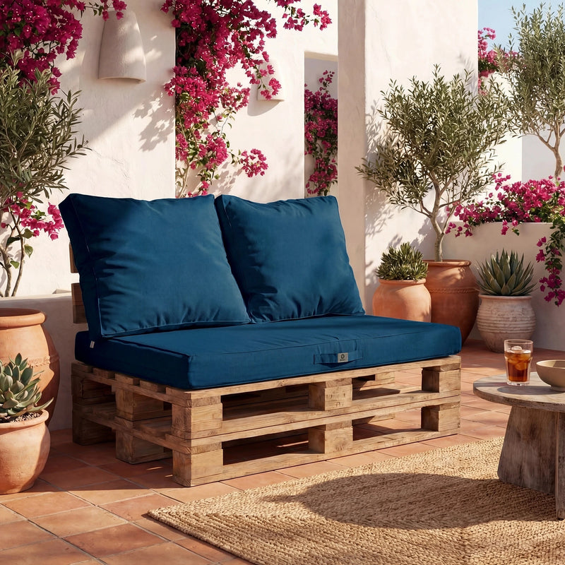 Kit de Cojines para Palé con Funda Extraíble 120x80 Azul Petróleo - Impermeable & Extérieur (1 Asiento + 2 Respaldos)