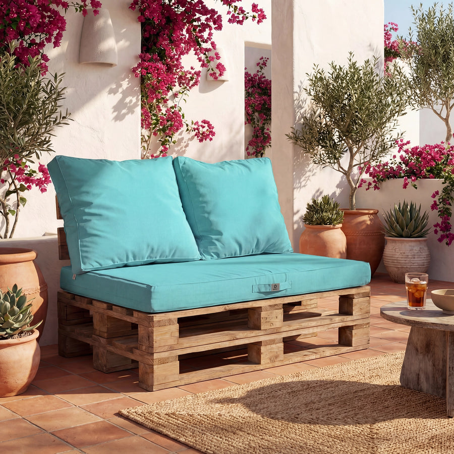 Kit Coussins Palette Déhoussable 120x80 Bleu Caraïbes - Imperméable & Extérieur (1 Assise + 2 Dossiers)