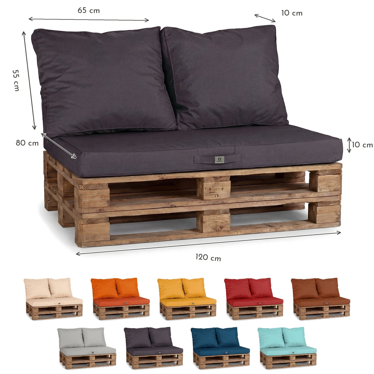 Kit de Cojines para Palé con Funda Extraíble 120x80 Gris Carbón - Impermeable & Extérieur (1 Asiento + 2 Respaldos) – esquema con medidas