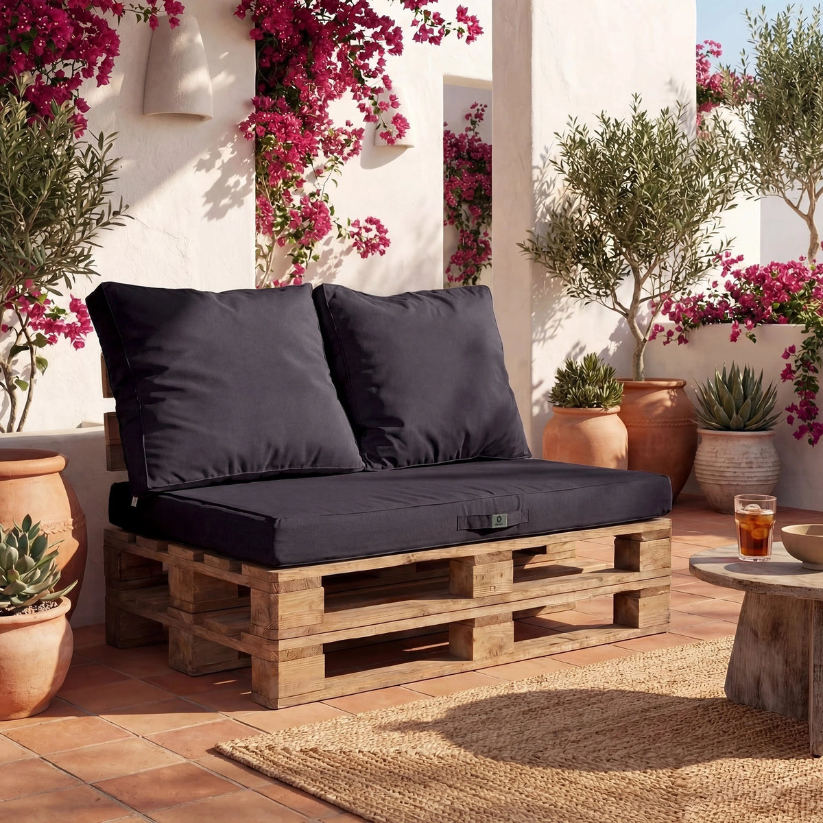 Kit de Cojines para Palé con Funda Extraíble 120x80 Gris Carbón – Impermeable & Extérieur (1 Asiento + 2 Respaldos)