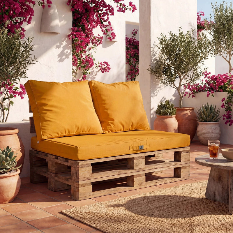 Kit de Cojines para Palé con Funda Extraíble 120x80 Amarillo - Impermeable & Extérieur (1 Asiento + 2 Respaldos)