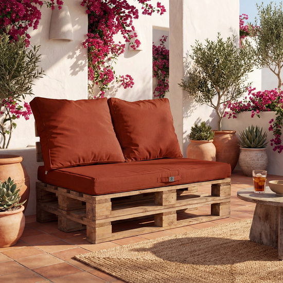 Kit Coussins Palette Déhoussable 120x80 Terracotta - Imperméable & Extérieur (1 Assise + 2 Dossiers)