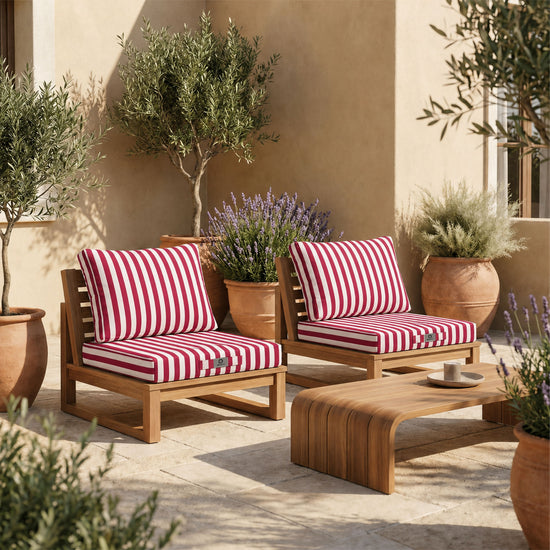 Conjunto de Cojines para Salón de Jardín 50x50 Rayas Rojas - Premium 270g (Asiento + Respaldo)