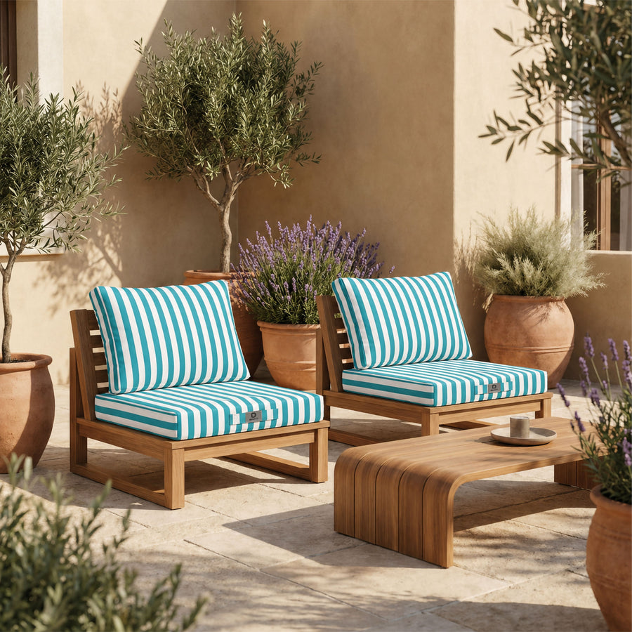 Conjunto de Cojines para Salón de Jardín 50x50 Rayas Turquesa - Premium 270g (Asiento + Respaldo)