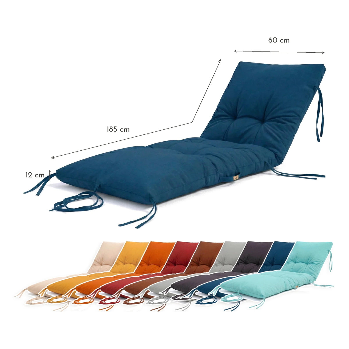 Colchoneta para Tumbona 185x60 Azul Petróleo - Grueso 12cm & Impermeable – esquema con medidas