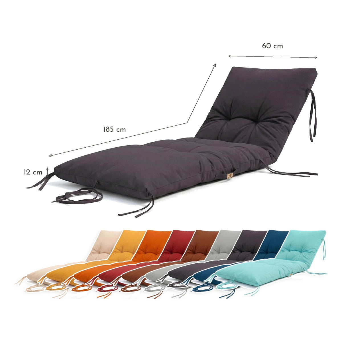 Colchoneta para Tumbona 185x60 Gris Carbón - Grueso 12cm & Impermeable – esquema con medidas