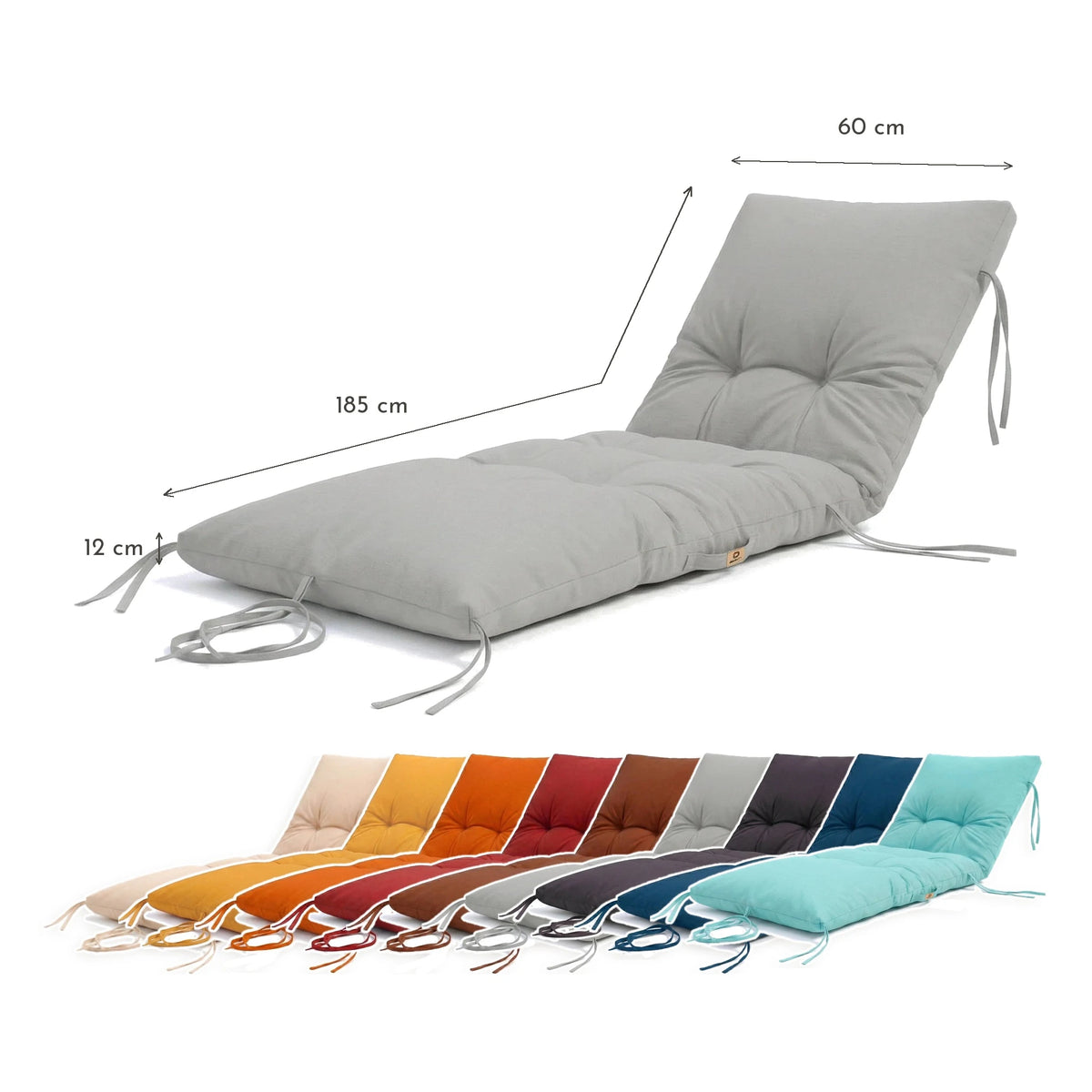 Colchoneta para Tumbona 185x60 Gris Guijarro - Grueso 12cm & Impermeable – esquema con medidas