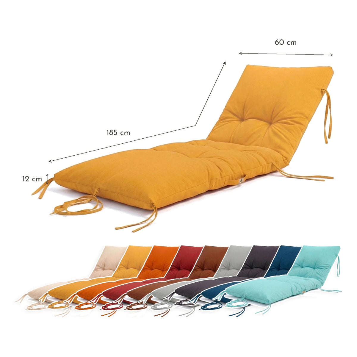 Colchoneta para Tumbona 185x60 Amarillo Miel - Grueso 12cm & Impermeable – esquema con medidas