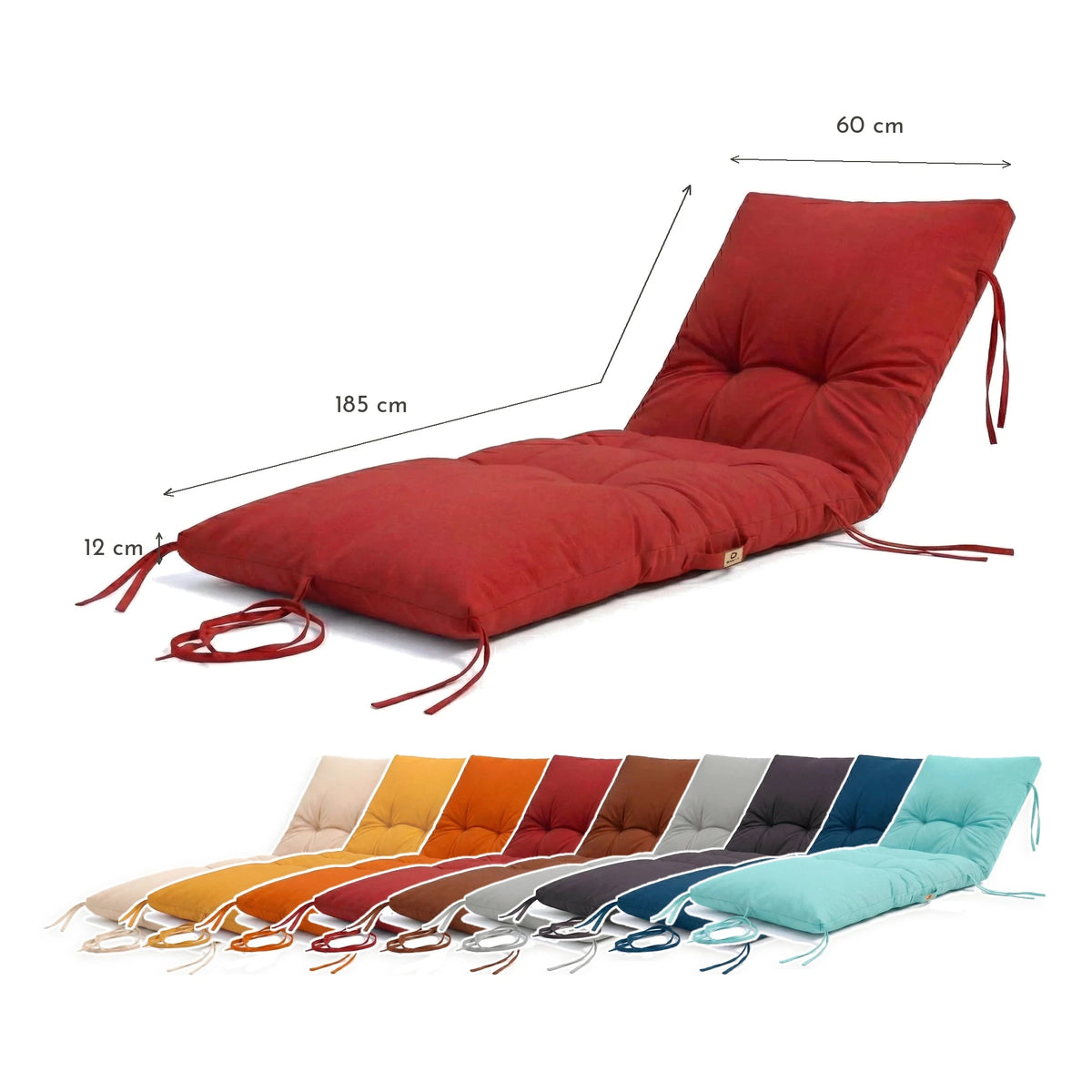 Colchoneta para Tumbona 185x60 Rojo Pimiento - Grueso 12cm & Impermeable – esquema con medidas