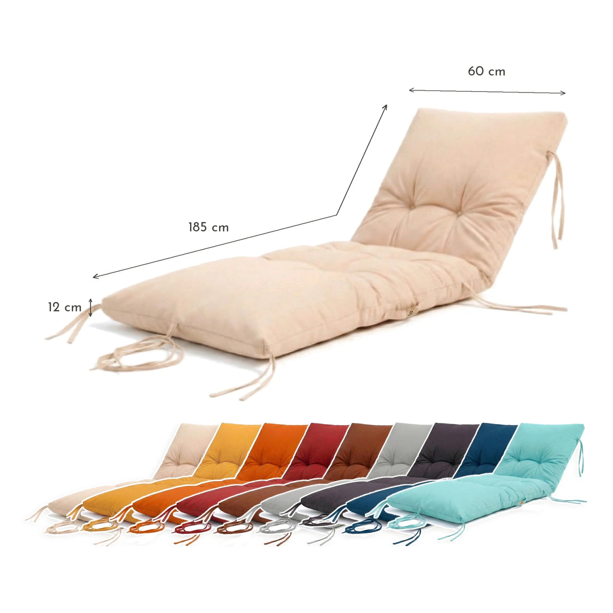 Colchoneta para Tumbona 185x60 Beige Clair - Grueso 12cm & Impermeable – esquema con medidas
