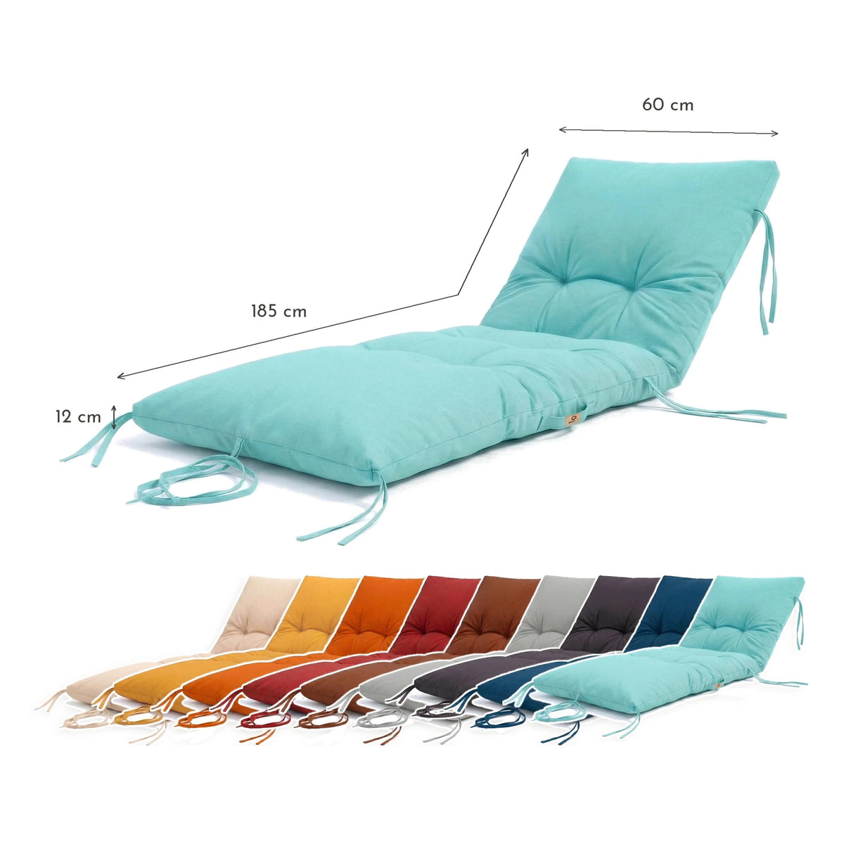 Colchoneta para Tumbona 185x60 Azul Caribe - Grueso 12cm & Impermeable – esquema con medidas
