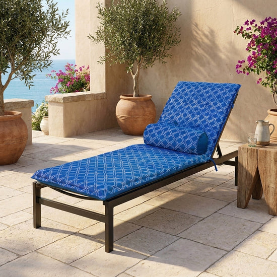 Colchoneta para Tumbona 195x60 Motif Nautique Azul + Travesaño - Anti-UV & Hidrófugo