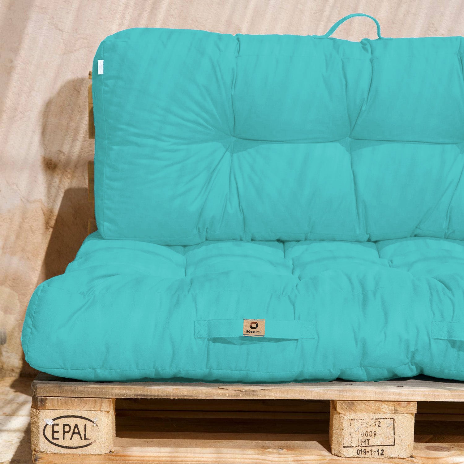 Lot coussins extérieur pour palette bleu caraïbes 120x80 Imperméables Anti-UV DECOARTS - Deco-arts.fr