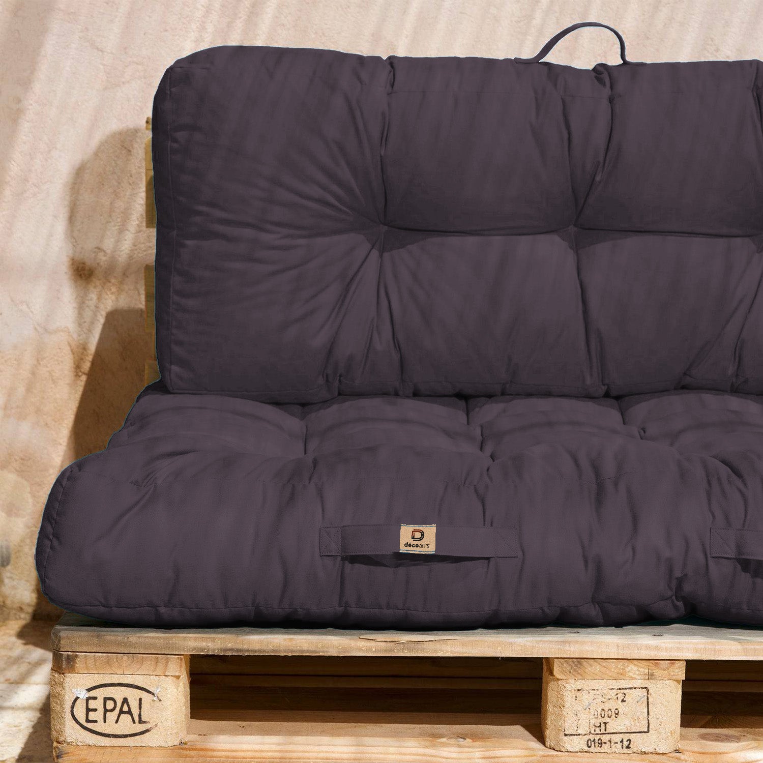 Lot coussins extérieur pour palette gris carbone 120x80 Imperméables Anti-UV DECOARTS - Deco-arts.fr