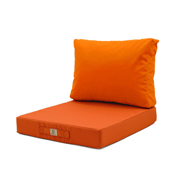 Ensemble de coussins de salon de jardin orange 50x50 cm, déhoussables, anti-UV pour fauteuils et canapés.