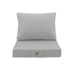 Ensemble de coussins gris galet pour salon jardin, déhoussables et anti-UV, pour fauteuils et canapés.