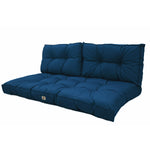 Ensemble de coussins capitonnés bleu pétrole pour banquette 120x60 cm, épais 15 cm, comprenant une assise et deux dossiers.