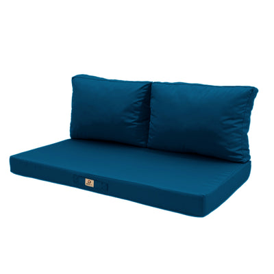 Ensemble de coussins pour salon de jardin en tissu bleu pétrole, déhoussables et anti-UV, 1 assise et 2 dossiers.