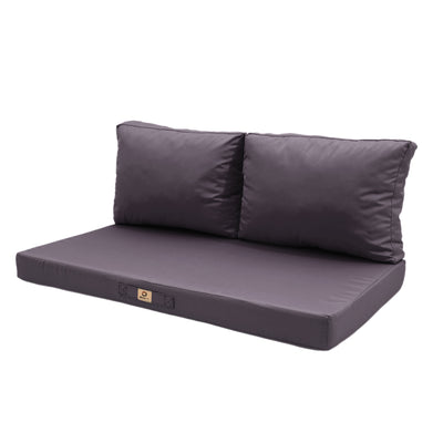 Ensemble de coussins de salon de jardin gris carbone, déhoussables et anti-UV, pour fauteuils et canapés.