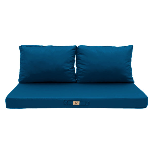 Ensemble de coussins pour salon de jardin Deco-arts.fr, bleu pétrole, déhoussables, anti-UV, 1 assise et 2 dossiers.