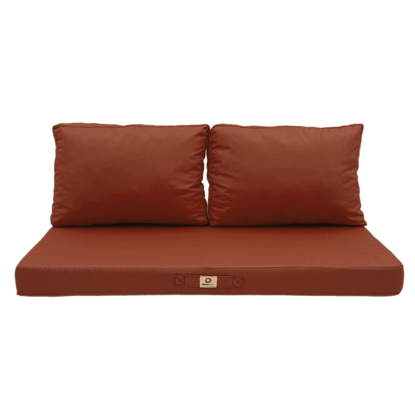 Coussins pour salon de jardin en terracotta, déhoussables et anti-UV, comprenant une assise et deux dossiers, pour fauteuils et canapés.