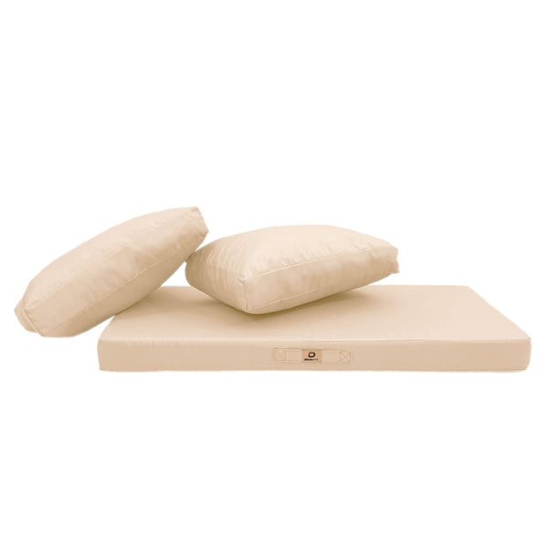 Ensemble de coussins beige pour salon jardin 120x60cm, déhoussables et anti-UV, pour fauteuils et canapés.