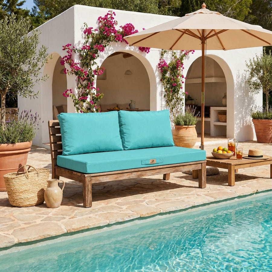 Ensemble Coussins Salon Jardin 120x60 Bleu Caraïbes - Déhoussable & Anti-UV (1 Assise + 2 Dossiers)