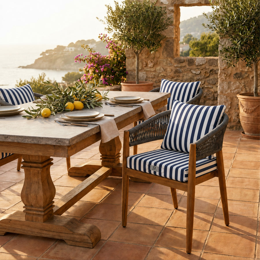 Ensemble Coussins Chaise Jardin 40x40 Rayure Bleu Marine - Premium 270g (Assise + Dossier)