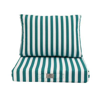 Ensemble de coussins de salon jardin rayure verte 50x50 cm, assise et dossier, pour fauteuils et canapés, en tissu 270g.