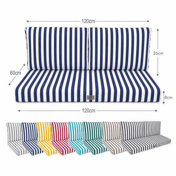 Ensemble Coussins Salon Jardin 120x60 Rayure Bleu Marine - Premium 270g (1 Assise + 2 Dossiers)