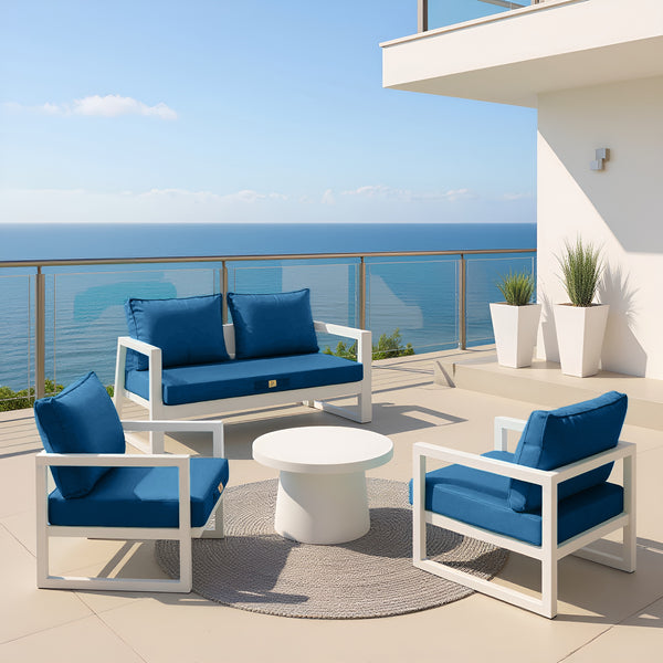 Coussins pour fauteuils et canapés de salon jardin en bleu pétrole, déhoussables et anti-UV, ensemble d’assise et dossier.
