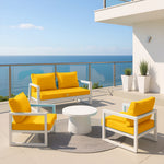 Coussins de salon jardin jaune 60x60 cm pour fauteuils et canapés, déhoussables et anti-UV, avec assise et dossier.