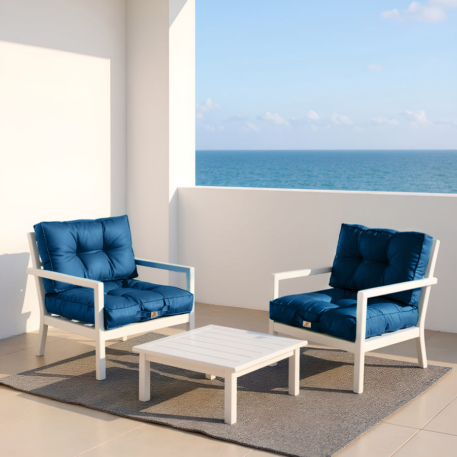 Ensemble de coussins capitonnés bleu pétrole 50x50 cm pour fauteuils et canapés, épais et moelleux, assise et dossier.