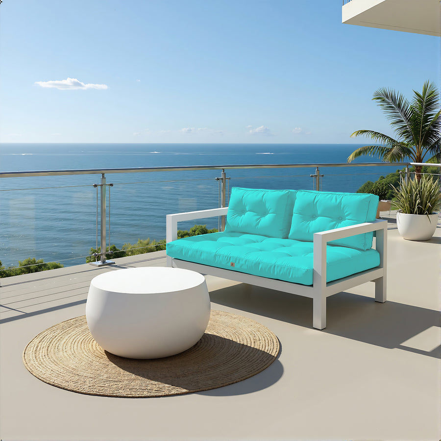 Ensemble de coussins capitonnés bleu Caraïbes pour banquette 120x60cm, épais 15cm, 1 assise et 2 dossiers, Deco-arts.fr