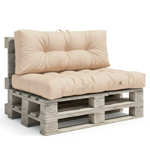 Coussins pour fauteuils et canapés beige, palette 120x80 cm, imperméables et épais 15 cm, pour décoration intérieure.