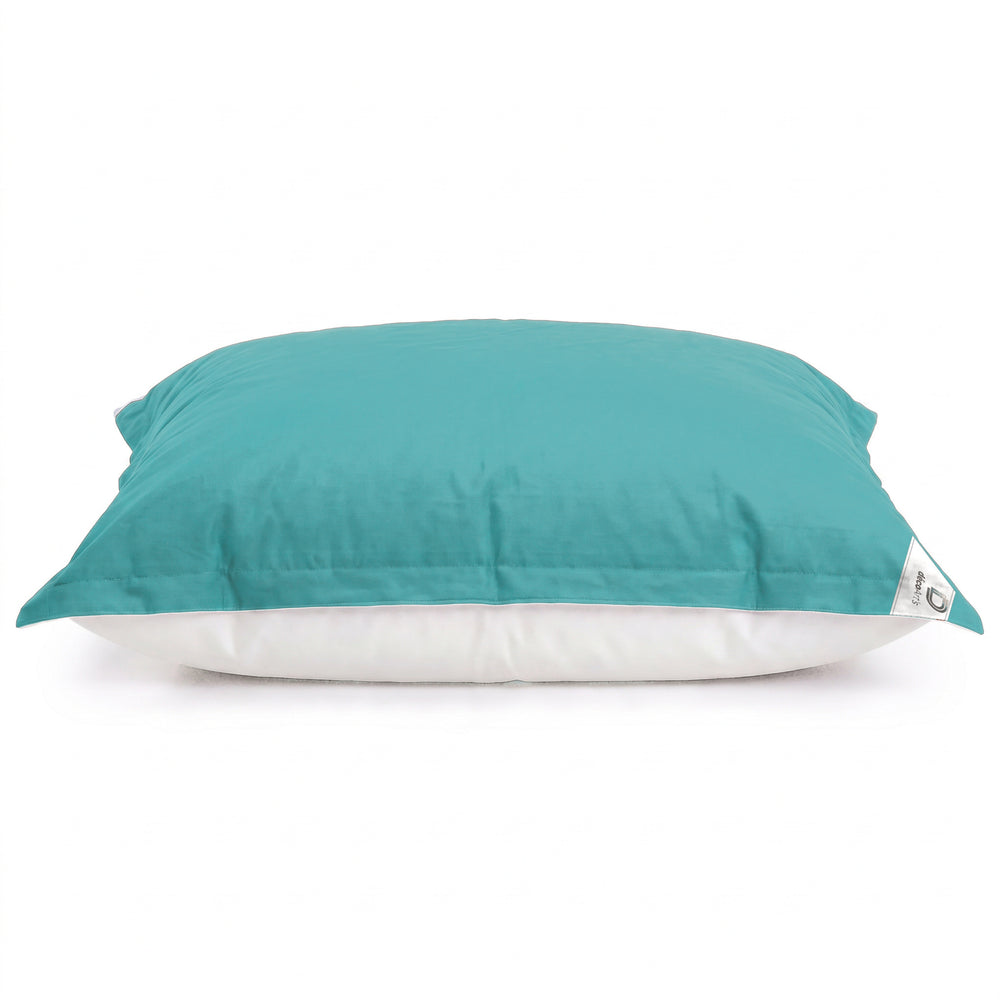 Puf gigante flotante Azul Caribe de perfil: grosor y base de malla blanca