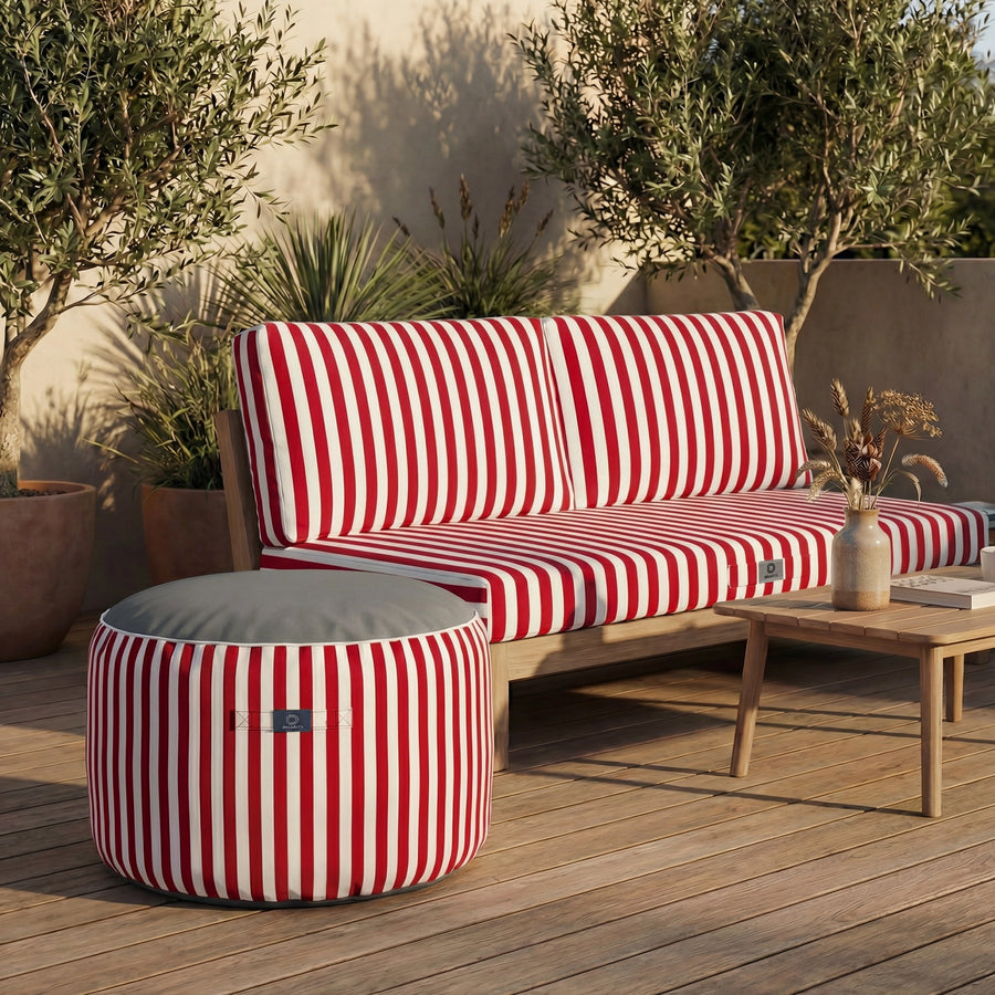 Pouf Rond Rayure Rouge, imperméable