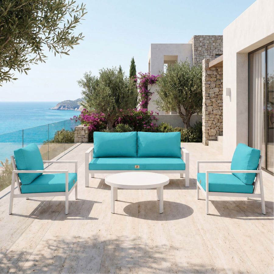 Ensemble Coussins Salon Jardin 50x50 Bleu Caraïbes, certifié OEKO-TEX
