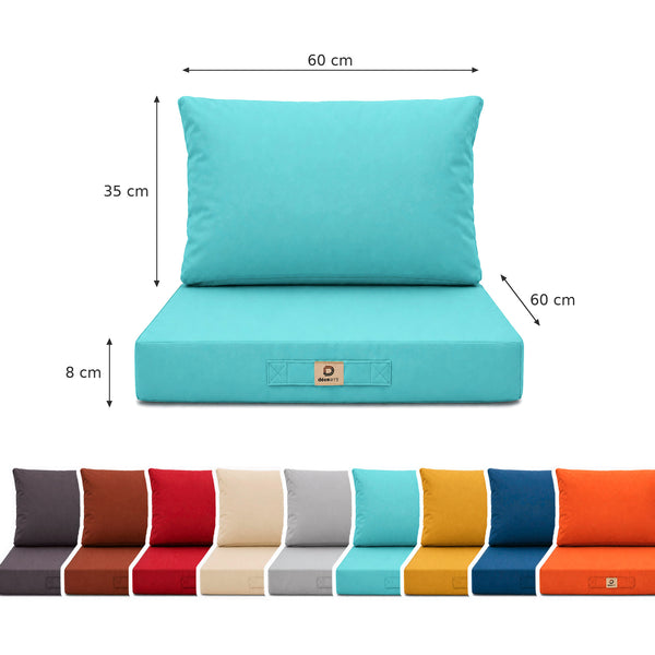 Ensemble Coussins Salon Jardin 60x60 Bleu Caraïbes - Déhoussable & Anti-UV (Assise + Dossier)