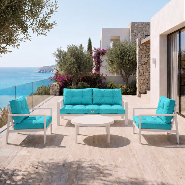 Ensemble Coussins Capitonné Banquette 100x50 Bleu Caraïbes - Épais 15cm (1 Assise + 2 Dossiers)