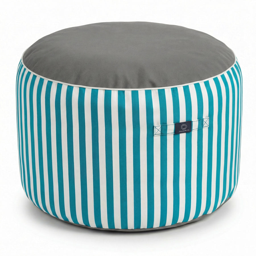 Pouf Rond Rayure Turquoise, tissu anti-UV et déperlant