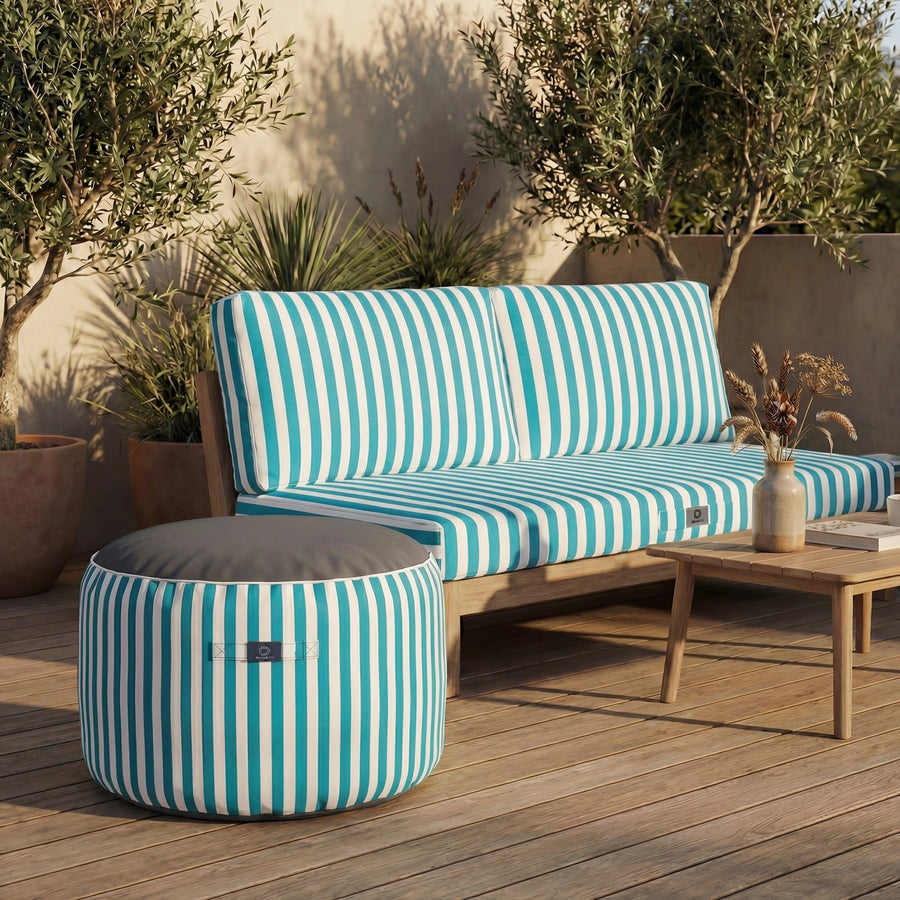 Pouf Rond Rayure Turquoise, imperméable