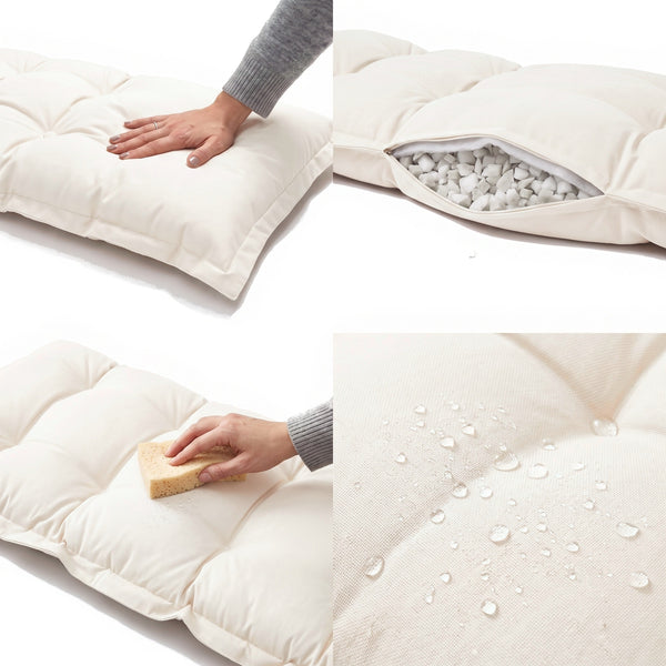 Coussin banc et sol Blanc Cassé : assise moelleuse, garnissage, nettoyage facile et tissu déperlant