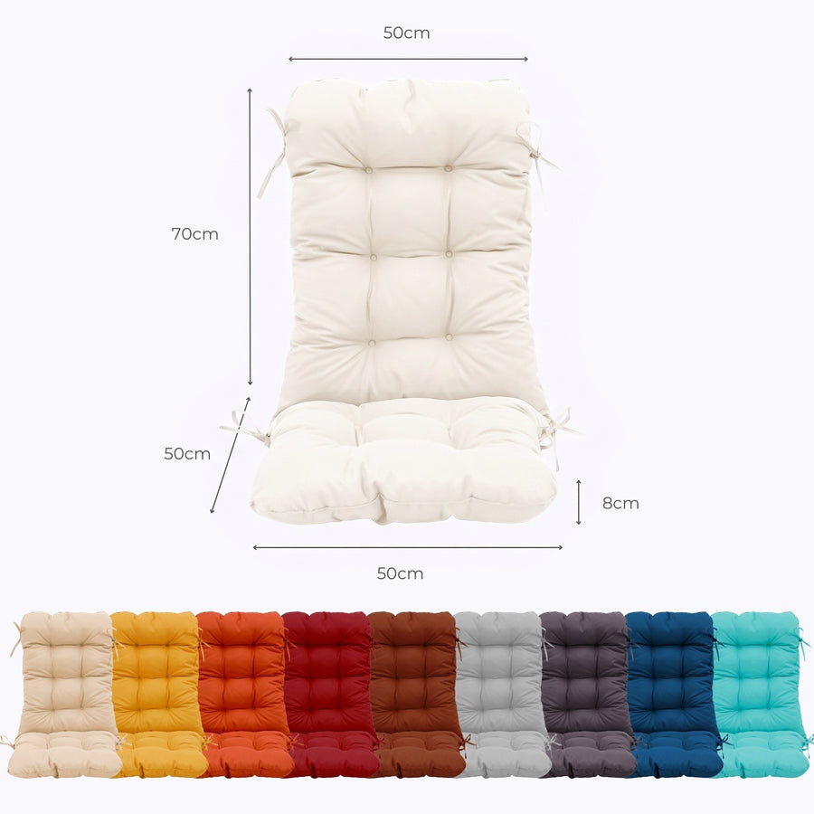 Dimensions du coussin chaise dossier haut : 120 x 50 cm (dossier 70 cm, assise 50 cm), épaisseur 8 cm, avec les coloris disponibles